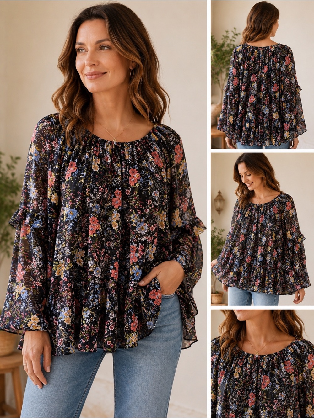 Chelsea & Theodore Floral Boho Blouse XL | Romantic Sheer Peasant , Cottagecore‎